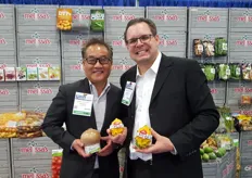 Kenny Kataoka (left) and Robert Schueller (right) of Melissa's. The company's hot item is the organic drinking coconut. Schueller said it doesn't need any tools to open - you just need to open the top and place in the straw. Available from Thailand year round. Another focus item is the yellow dragon fruit from Ecuador.